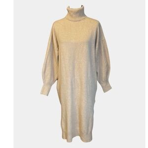 H&M Tan Knit Turtleneck Balloon Sleeve Midi Sweater Dress With Side Slits, Large